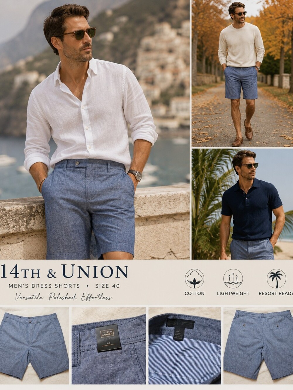 14th & Union Men’s Blue Chambray Cotton Dress Shorts Size 40 Resort Casual